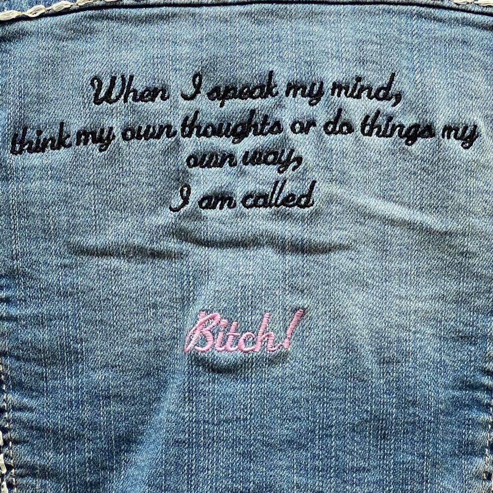 RTB Real Tough B itch Denim Jacket LARGE Biker Babe Blue Jean Embroidered Bling - Picture 5 of 12